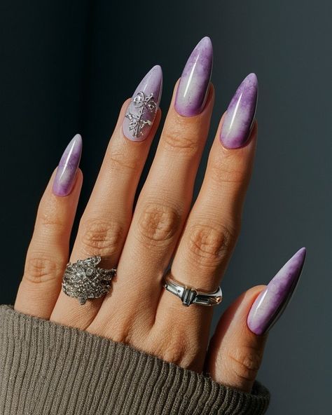 Channeling all the royal vibes with these stunning violet nails! 💜✨ Adorned with delicate patterns and sparkling accents, they're perfect for making a bold statement. Who says you can’t have fun with your fingertips? 💅 #nailsinspo #nails #nailsart #art #violet #summervibes #beauty #explore #fyp #explore #explorepage #repost #support Violet Ombre Nails, Royal Vibes, Nails With Silver, Violet Ombre, Ombre Art, Violet Nails, Manicure Inspiration, Soft Lavender, Star Nails