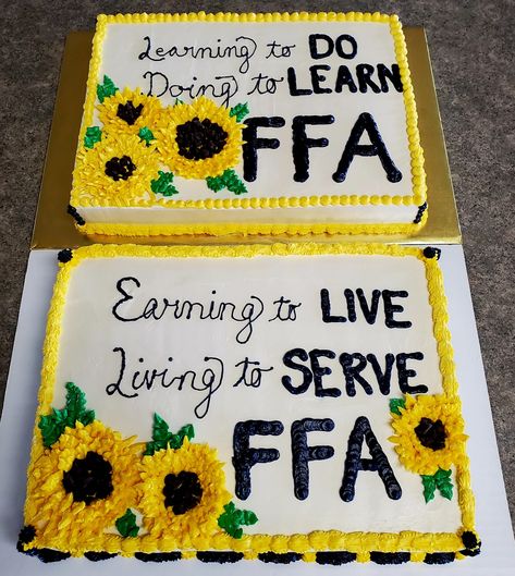 Swiss Meringue Buttercream cakes for FFA banquet. Decorated with buttercream sunflowers using chocolate chips in the center. Ffa Cakes Banquet, Ffa Cake, Ffa Banquet, Buttercream Cakes, Meringue Buttercream, Swiss Meringue, Swiss Meringue Buttercream, Ffa, Buttercream Cake