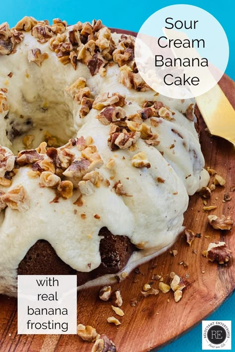 Enjoy a slice of Sour Cream Banana Cake Recipe with real banana frosting and toasted walnuts, made in a bundt pan; rich and delicious! #sourcreambananacake #bundtbananacake #reluctantentertainer #realbananafrosting Sour Cream Banana Cake, Banana Flavored Cake, Banana Sour Cream Cake, Banana Bread Recipe Easy Moist, Banana Frosting, Boiled Fruit Cake, Sour Cream Banana Bread, Banana Bundt Cake, Banana Bundt