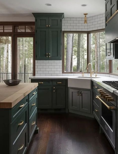 Different Color Cabinet Doors, Green Kitchen Cabinets Dark Wood Floor, Green Cabinets Dark Floor, Dark Green Kitchen Cabinets Paint Colors, Green Cabinets Kitchen Paint Colors, Dark Color Kitchen Cabinets, Hunter Green Cabinets Kitchens, Dark Teal Kitchen Cabinets, Dark Grey Cabinets Kitchen