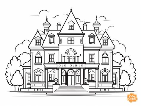 illustration of Dreamy mansion scene for coloring Mansion Drawing Easy, Mansion Coloring Pages, Building Coloring Pages, Levi Drawing, Mansion Drawing, Free Quilt Patterns Printables, Cartoon Houses, Inspirational Quotes Coloring, Castle Coloring Page