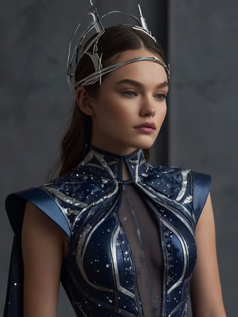 Space Haute Couture, Space Futuristic Fashion, Sci Fi Dress Future Fashion, Space Witch Outfit, Futuristic Ballgown, Alien Fashion Futuristic, Galactic Outfit Ideas, Royalty Aesthetic Princess, Futuristic Royalty