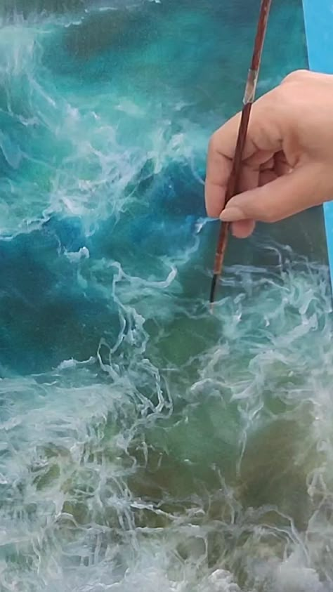 Second glaze in progress. How To Paint Water Acrylic, Diy Sea Painting, Painting Water With Acrylics, Acrylic Water Painting, How To Paint Sea, How To Paint Water With Acrylic, Ocean Painting Tutorial, Ocean Painting Acrylic, Acrylic Paint Tutorial