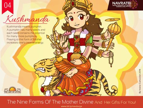 Navratri Day 4 : Kushmanda #Praying to this #form of the #Navadurgas (#Divine Mother) enhances one's #creativity. 4th Navratri, Maa Kushmanda, Maa Chandraghanta, Day Festival, Durga Images, Navratri Images, Flowers Decoration, Devi Durga, Divine Mother