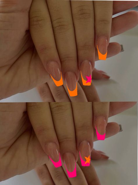 Nail Designs With Neon Colors, Neon Nails For Vacation, Acrylic Nail Designs Vacation, Holiday Almond Nails Summer, Orange And Pink Nail Designs Summer, Nail Ideas Tropical Vacation, Bright Spring Break Nails, Bright Vacation Nails Neon, Miami Vice Nails