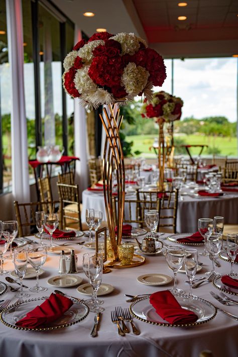 White Gold Red Wedding Decor, Ruby Red Party Decorations, Gold And Red Wedding Decorations, Red And Gold Table Centerpieces, Red And White And Gold Wedding, Red Gold White Wedding Theme, White Gold Red Wedding, Red White And Gold Decorations, Simple Table Decorations For Birthday