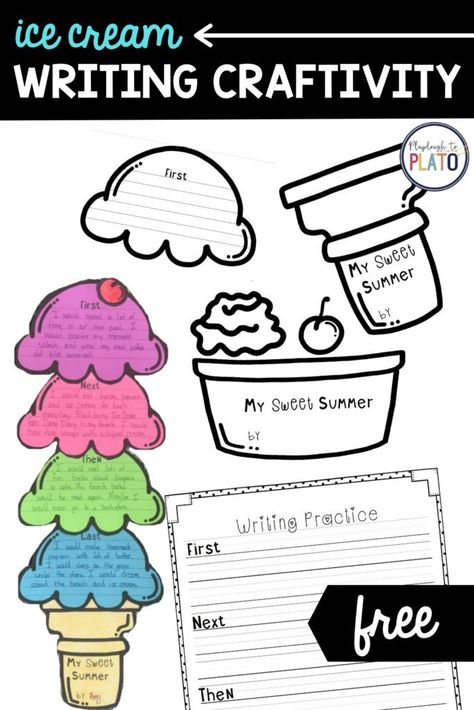 This FREE Ice Cream writing craftivity is the perfect activity to practice writing skills over the summer! Kids will love sequencing their summer days and vacation using this ice cream cone graphic organizer art project! Perfect for kindergarten, first and second graders! #summerwriting #sequencing #summervacation Ice Cream Writing, Kindergarten Writing Activities, Motion Activities, Playdough To Plato, Writing Craftivity, Literacy Centers Kindergarten, Summer Writing, Thanksgiving Preschool, Work On Writing