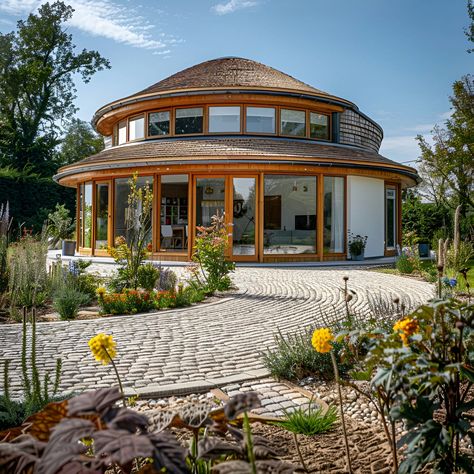 Discover a sleek, contemporary roundhouse nestled in a vibrant garden. This home features a circular structure with a multi-layered roof and extensive glass, flooding the interior with natural light. Large windows offer seamless indoor-outdoor living with panoramic garden views. The wooden accents and tiered roof add elegance, while a cobblestone path leads to the inviting entrance. Perfect for those who appreciate modern design and nature. Rondavel House Designs, Circular House Design, Yurt Architecture, Round House Design, Circular House, Domed Roof, Modern Cabin Interior, Circular Structure, Roof Dome