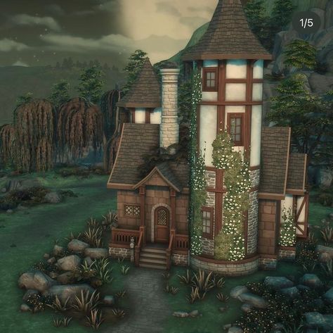 Sims 4 Storybook House, Sims 4 Medieval House, Sims 4 Witch Cottage, Sims 4 Spellcaster House, Sims 4 Witch House, Sims4 Houses, Witch Cabin, Ts4 Builds, Sims Lots