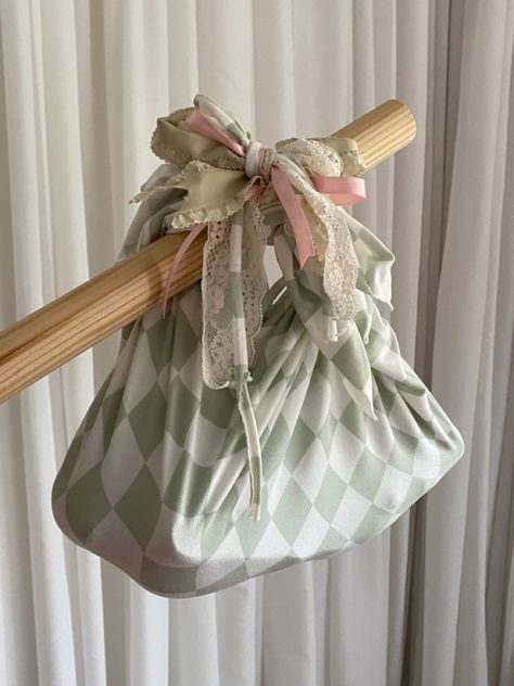 DIY bindle bag made from sage green and white checkerboard stretchy fabric and tied up with various ribbons and lace. Bindle Bag, Ribbon White, Second Hand Shop, Diy Ribbon, My Dream, White Bag, Green And White, Sage Green, Bag Making