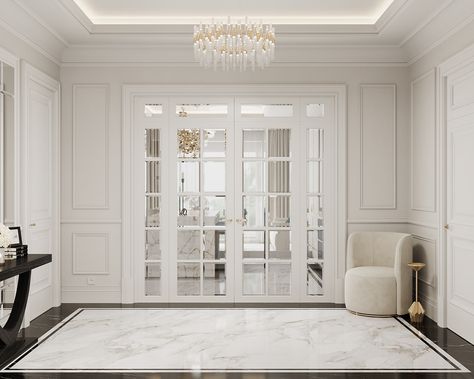 Modern Classic Foyer, Foyer Design Luxury, Bedroom Tiles Design, Classic Foyer, House Dubai, Classic Entrance, Classic Hall, Entrance Foyer Design, Molding Design