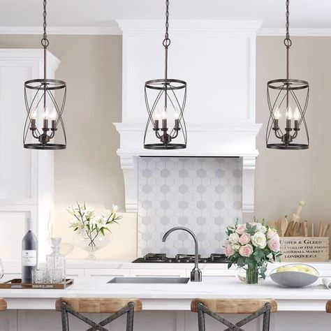 Modern Farmhouse Cage Pendant Chandelier Island Lights for Dining Room - W 9.1"x H 24.4" - On Sale - Bed Bath & Beyond - 32911309 Farmhouse Kitchen Pendant Lights, Modern Metal Kitchen, Kitchen Island Pendant Lights, Shabby Chic Chandelier, Lights For Dining Room, Lights Over Kitchen Island, Lantern Pendant Lighting, Kitchen Island Pendant, Rustic Pendant Lighting