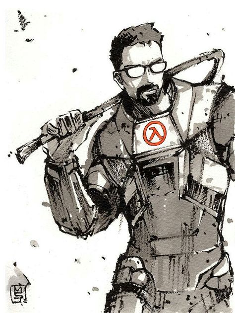 Gordon Freeman, Half Life, Ink Sketch, A Drawing, Sketch, Deviantart, White, Black