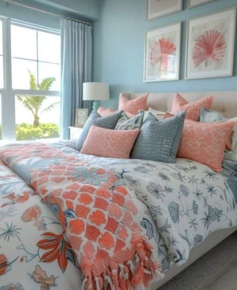 Blue Green Color Palette, Mens Bedroom Ideas, Coral Bedroom, Men's Bedroom, Aqua Walls, Coral Accents, Beachy Room, Teen Boy Bedroom, Mens Bedroom