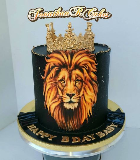 A Lion King Cake with a Royal Crown #crown #fondant #fondantcake #art #buttercream #fondantart #gold #goldcrown #dad #father #fathersdayideas Happy Birthday King Cake, Black And Gold Lion Cake For Men, Lion Head Cake, Hip Hop Birthday Cake, Birthday Cake For Papa, Birthday Cake For Brother, Lion Gaurd Cake, Lion Birthday Cake, Lion Birthday Party