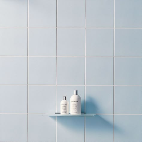 Tropical Airbnb, Square Tile Bathroom, Light Blue Tile, Blue Scheme, Blue Tile Wall, Blue Bathroom Tile, Bathroom 2024, Bathroom Wall Tiles, Eva Nyc