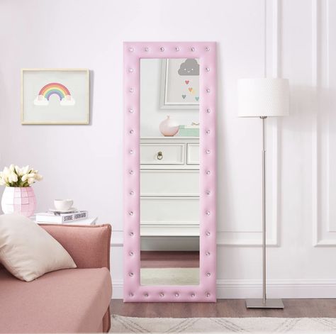 Tufted Mirror, Full Length Mirror In Bedroom, Large Floor Mirror, Mirror Standing, Mirror Full Length, Aesthetic Interior Design, Full Length Floor Mirror, Full Body Mirror, Pink Mirror