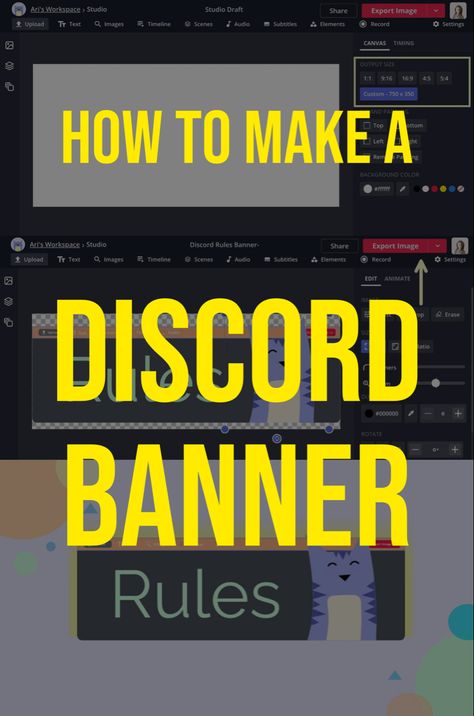 Step by step discord banner Discord Rules Banner, Discord Server Banner, Discord Rules, Rules Banner, Workspace Studio, Add Design, How To Make Banners, Shapes Images, Text Tool