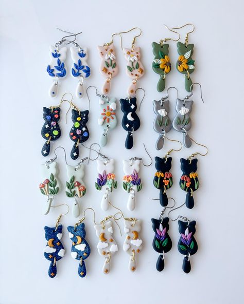 Earring Shapes, Clay Earring, Cat Related Gifts, Cottagecore Crafts, Handmade Jewlery, Handmade Clay Jewelry, Polymer Earrings, Animal Earrings, Cat Earrings