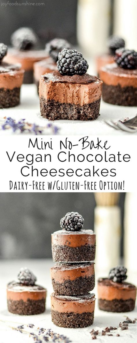 Mini No-Bake Vegan Chocolate Cheesecakes are a simple, elegant dessert that are easy and delicious! Vegan with a gluten-free option! Healthy Vegan Dessert, Weight Watcher Desserts, Cheesecake Vegan, Dessert Oreo, Coconut Dessert, Desserts Keto, Chocolate Cheesecake Recipes, Nutella Cake, Raw Cake