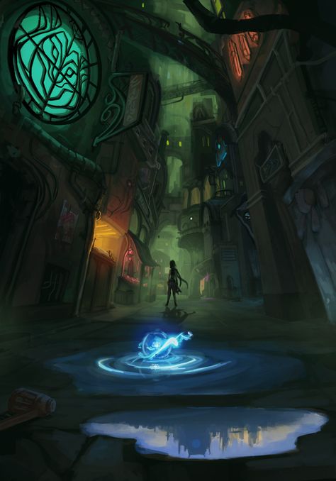 Arcane Building Concept Art, Under City Arcane, Arcane Cityscape, Aetherpunk City, Arcane Buildings, Arcane Environment Art, Arcane Concept Art Environment, Arcane Background Art, Undercity Arcane