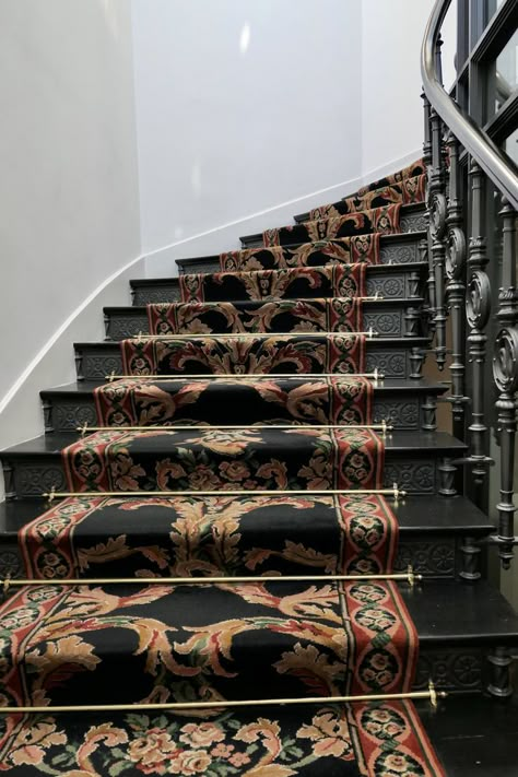 Stair Runners Victorian House, Basement Staircase Design, Dark Wood Stairs With Runner, Dark Stair Runner, Rug On Stairs, Moody Staircase, Dark Hallway Decorating, Black Stairs With Runner, Staircase Runners