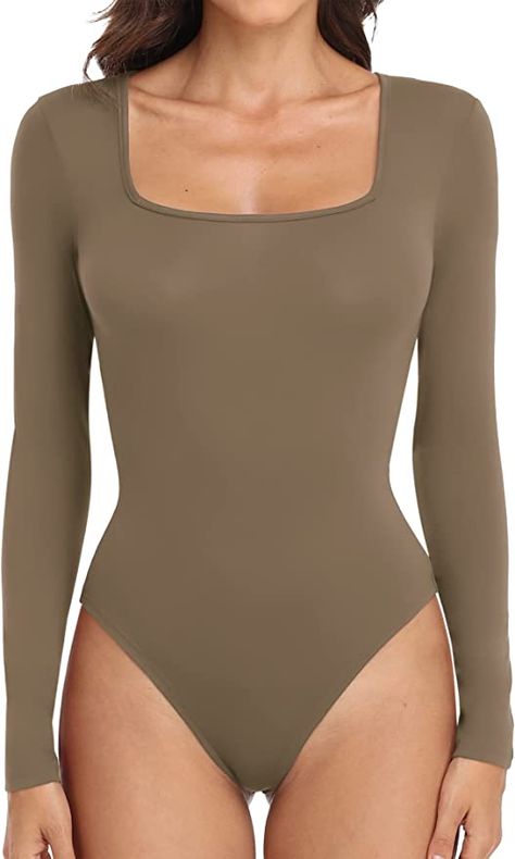 Amazon.com: JUEYUN Women's Square Neck Long Sleeve Bodysuits Sexy Body Suit Snap closure Jumpsuit Daily Casual Tops,Khaki,M : Clothing, Shoes & Jewelry Dark Brown Long Hair, Bodysuit Tops, Casual Bodysuit, Square Neck Bodysuit, White Bodysuit, Short Sleeve Bodysuit, Sleeves (women), Womens Bodysuit, Black Bodysuit