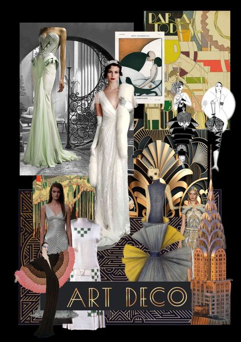 Art Deco Inspired Fashion, Art Deco Moodboard, Sag Rising, Art Deco Outfit, Art Deco Collage, Art Deco Mood Board, Luxury Prints, Art Deco Photography, Drowsy Chaperone