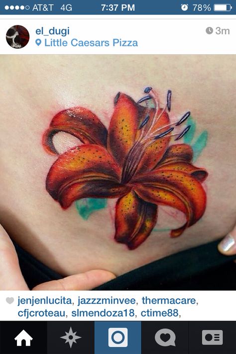 Lily Red Lily Tattoo, Kim Saigh, Wrist Tats, Lilly Flower Tattoo, Tropical Flower Tattoos, Sam Tattoo, Tiger Lily Tattoos, Lily Tattoos, Tattoo Colors