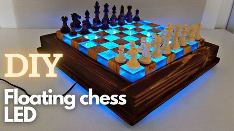 Diy Resin And Wood Chess Board, Wood Projects With Epoxy, Epoxy Resin Chessboard, Floating Chess Board, Wood Epoxy Table Led, Diy Chess Board Table, Chess Board Table Diy, Wood And Epoxy Chess Board, Wood And Resin Chess Board