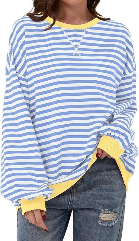 TERIVEEK Women Oversized Striped Color Block Long Sleeve Crew Neck Sweatshirt Casual Loose Pullover Y2K Shirt Top, Blue White, Medium : Amazon.co.uk: Fashion Trendy Stuff, Dirndl Outfit, Casual Pullover Sweater, Striped Sweatshirt, Oversize Pullover, Oversized Shirts, Oversized Hoodies, Bandeau Tops, Sweatshirt Oversized