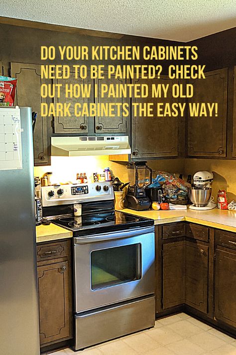 How To Redo Dark Kitchen Cabinets, Redo 70s Kitchen Cabinets, Painting Walnut Kitchen Cabinets, Diy Dark Kitchen Cabinets Makeover, Paint Old Kitchen Cabinets Diy, How To Paint Old Cabinets Kitchens, Painted Farmhouse Cabinets, How To Paint Old Cabinets, Dark Cabinet Makeover