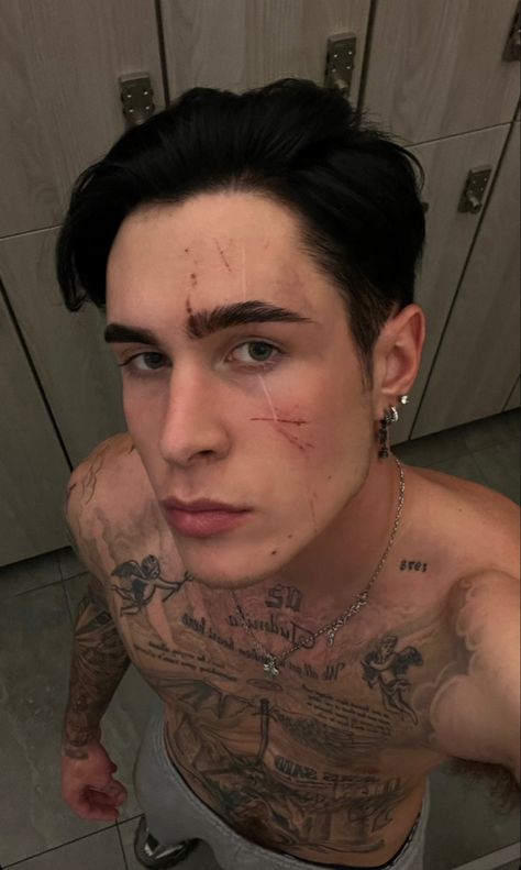 Men With Mascara, Hot Tattoed Guys Dark Hair Black, Men With Facial Piercings, Rp Models Boy, Eyebrow Tattoo Men, Jeremy Volkov, God Of Wrath, Facial Piercings, Male Makeup