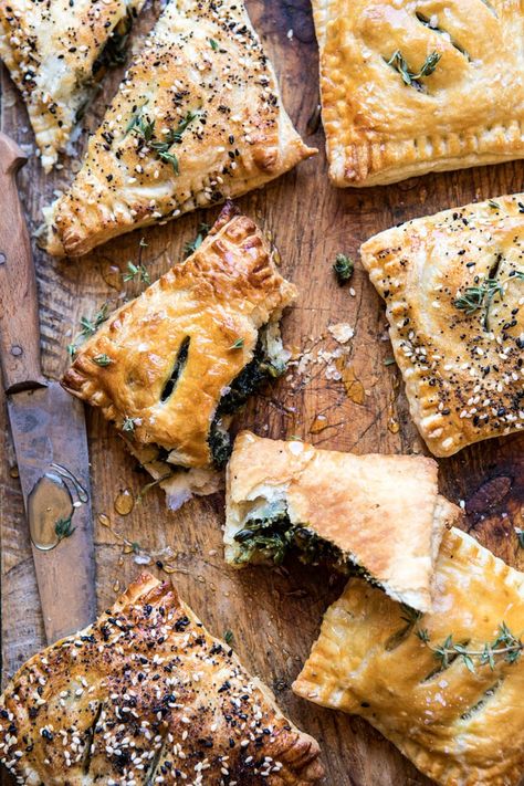 Caramelized Onion, Spinach, and Cheddar Flaky Pastries | halfbakedharvest.com #onions #tarts #fall #autumnrecipes #easy #holiday #appetizer Savory Breakfast Pastry, Savory Pastry Recipes, Pastry Food Photography, Spinach Puff Pastry, Savory Pastries, Puff Pastry Dough, Holiday Appetizer, Savory Pastry, Harvest Recipes