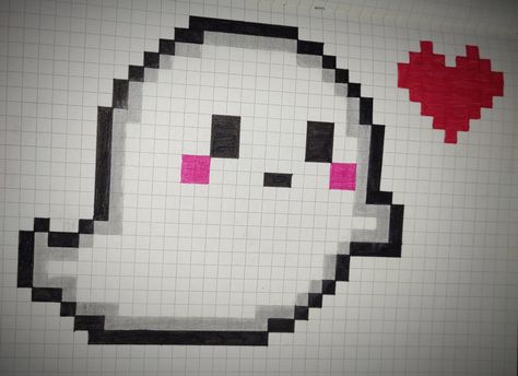 Pixel Art Ghost, Ghost Pixel Art, Pixel Art Heart, Pixel Ghost, Heart Pixel Art, 3d Pixel, Art To Make, Bond Paper Design, Easy Perler Beads Ideas