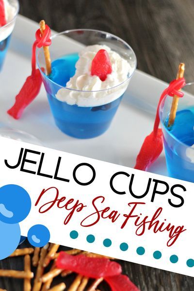 LET’S GO FISHING! IT’S FUN AND EASY WITH THESE DEEP SEA FISHING JELLO CUPS!  When you sit down to read with your kids, what’s their favorite book? We are loving Dr. Seuss’s “One Fish, Two Fish” right now. For those of you who might not remember that story from your own childhood, it starts out with,One fish, Two fish, Red Fish, Blue Fish Jello Treats, Swedish Fish Candy, 4th Of July Food Ideas, July Food Ideas, Fish Candy, Jello Cups, Blue Jello, Kid Friendly Dessert, Food Ideas Easy