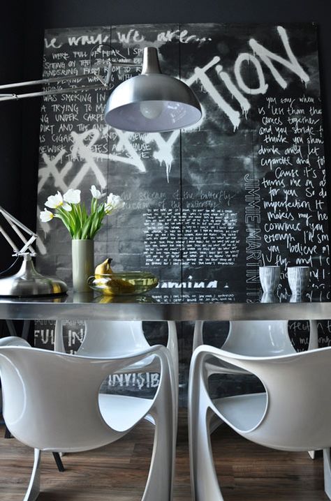 Jimmie Martin’s and Rick Schultz’s Apartment in London - Decoholic Snack Area, Office Things, Cafe Idea, Writing Room, Art Deco Apartment, Walls Ideas, Blackboard Wall, Modern Workspace, Eating Area