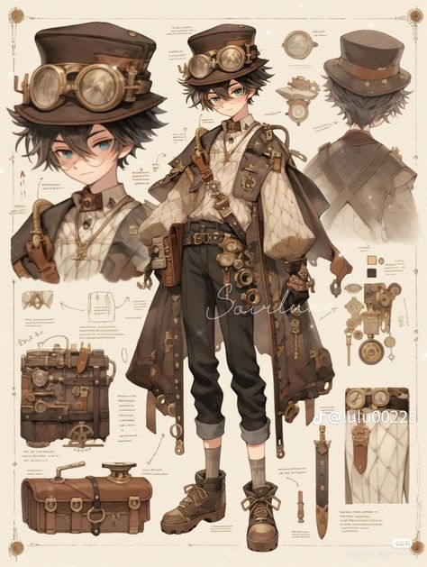 Inventor Aesthetic Outfit, Demon Kingdom, Steampunk Drawing, Steampunk Character, Steampunk Dress, Interesting Outfits, Oc Drawings, Male Character, Dress Design Sketches