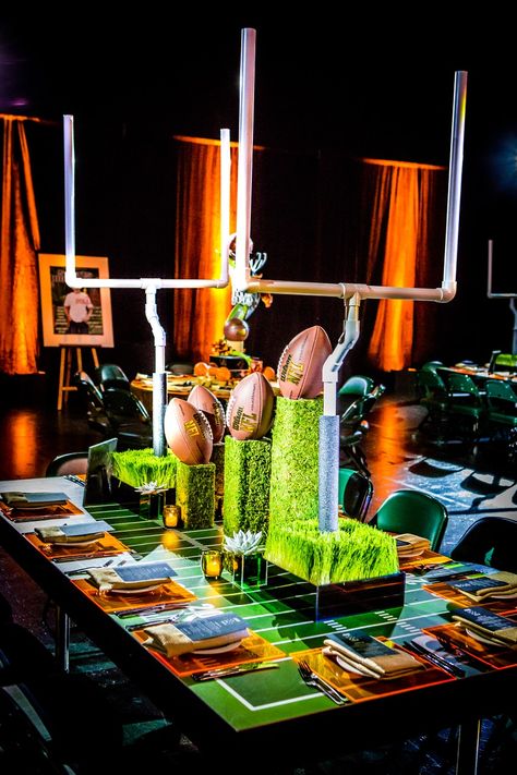 Football Bar Mitzvah, Football Centerpiece, Bar Mitzvah Decorations, Florida Party, Football Centerpieces, Miami Bar, Sports Centerpieces, Orange Centerpieces, Mitzvah Centerpieces