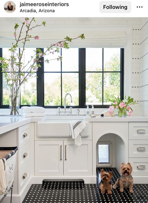 Mudroom With Dog Door, Dog Door Laundry Room, Pet Garage Ideas, Mud Room Dog Bath, Laundry Room With Dog Beds, Dog Area Laundry Room, Dog Door In Laundry Room, Dog Beds In Living Room, Jaimee Rose Interiors