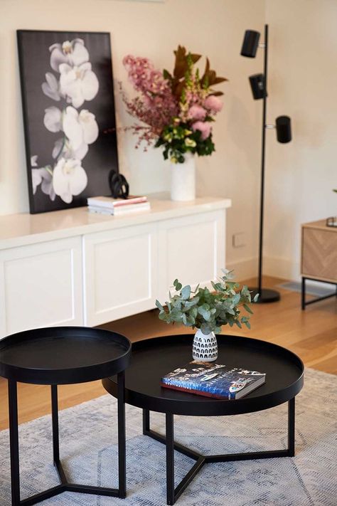 Kmart black coffee tables in living room. #kmartstyle #kmartaustralia #blacksidetable #sidetable #livingroom Noir Coffee Table Kmart, Living Room Coffee Table Black, Black Coffee Tables Living Room, Lounge Room Styling Kmart, Kmart Decor Living Room, Black Lounge Styling, Black Side Table Decor, Black Table Living Room, Lounge Room Ideas Kmart