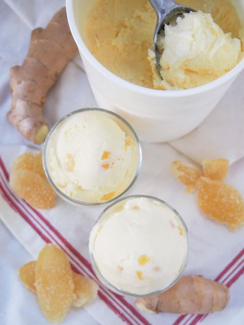 This ginger ice cream has a delicious balance of ginger flavor and rice creaminess. It's easy to make, just needs a little patience, but so worth the wait! Ginger Ice Cream, Strawberry Popsicles, Fruit Ice, Ginger Syrup, Raspberry Sorbet, Ice Cream Base, Roasted Strawberries, Candied Ginger, No Churn Ice Cream