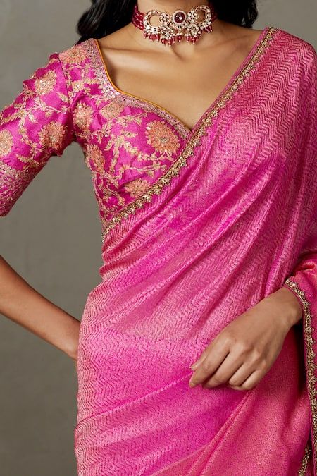 Buy Fuchsia Nilambari Silk Printed Zari Saree With Embroidered Blouse For Women by RI.Ritu Kumar Online at Aza Fashions. Balloon Hands Blouse For Saree, Hot Pink Saree, Modern Blouse Designs, Blouses Pattern, Indian Fits, Pink Blouse Designs, Zari Saree, Hot Pink Blouses, Blouse Designs Catalogue