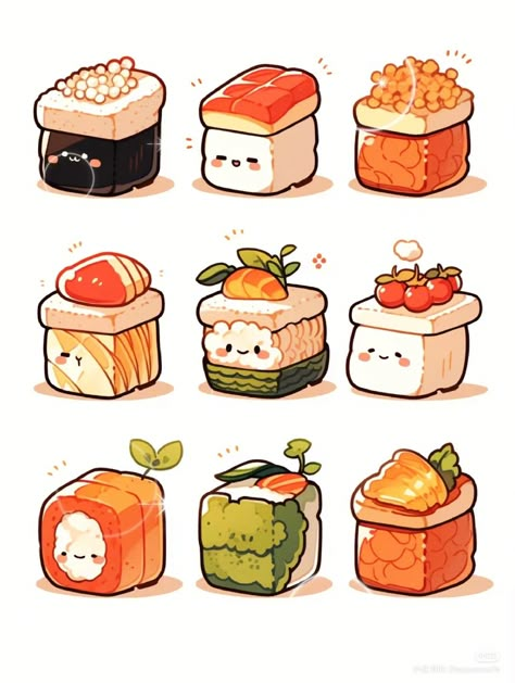 Food Chibi Drawing, Food Characters Illustration, Cute Sushi Illustration, Kawaii Drawings Food, Kawaii Food Drawings, Food Cartoon Illustration, Cartoon Character Drawing, Sushi Drawing, Food Illustration Design