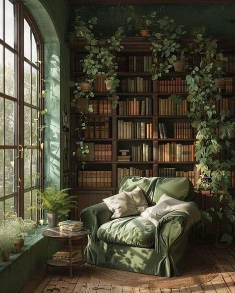 Green Library Room, Cascading Plants, Green Bookshelves, Dream Home Library, Classic Bookshelves, Library Corner, Green Library, Cottage Core Home, Cozy Library