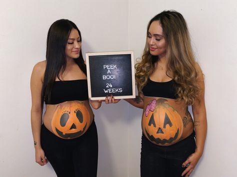 Belly Painting Ideas Halloween, Halloween Maternity Pictures, Belly Halloween Painting, Pumpkin Belly Painting, Pumpkin Bump Painting, Pumpkin Maternity Photos, Halloween Baby Bump Belly Painting, Painted Belly Maternity Photos, Pumpkin Belly Pregnant