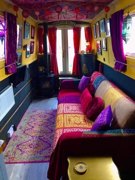 Hippy Van Interior, Hippy Caravan, Witchy Camper, Hippie Camper Interior, Maximalist Van Life, Quirky Caravan Interiors, Hippie Van Interior, Boho Rv, Scooby Doo Van Interior