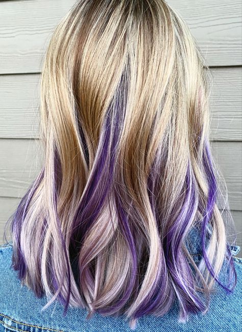 Highlights With Pop Of Color, Purple Ends On Blonde Hair, Blonde Hair With Purple Balayage, Unicorn Highlights Hair, Colored Hair Highlights Blonde, Blonde With Purple Balayage, Blonde Multicolor Hair, Blonde Highlights With Color Streak, Blonde And Purple Peekaboo