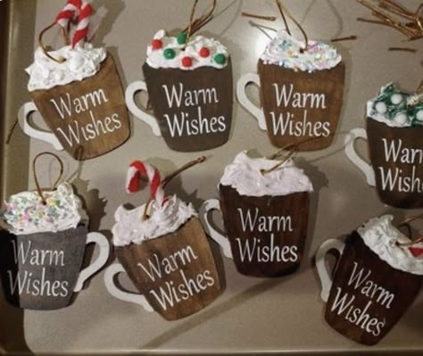 Dollar Tree Hot Chocolate Ornament, Dollar Tree Wood Coffee Cup Ornaments, Dollar Tree Wooden Coffee Cup Ornament, Smores Ornaments, Cocoa Cups, Coffee Cup Crafts, Coffee Ornaments, Chocolate Ornament, Jul Diy