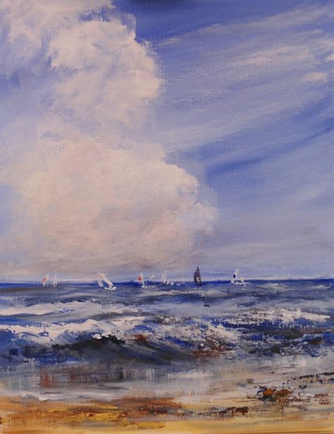 This seascape by Dave Jeffrey is a fine example of a scumbled background which adds significantly to the mood of the scene. Scumbling is the technique of dragging (usually) lighter paint over a darker coat in a semi dry-brushed effect.  Note how the paler brush strokes in the open part of the sky have been dragged down at a slight angle from right to left to create blustery movement, at the same time leading the eye to the boats, while the clouds have been painted in random directions, suggestin Scumbling Painting, Ocean Portraits, Portraits Sketch, Dry Brush Painting, Best Background, Ebru Art, Art Tutor, City Scapes, Painting Video